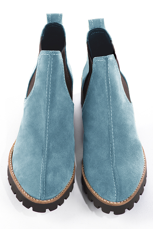 Women's sky blue and matt black elegant Chelsea ankle boots, with side elastics. Round toe. Thick rubber soles - Top view